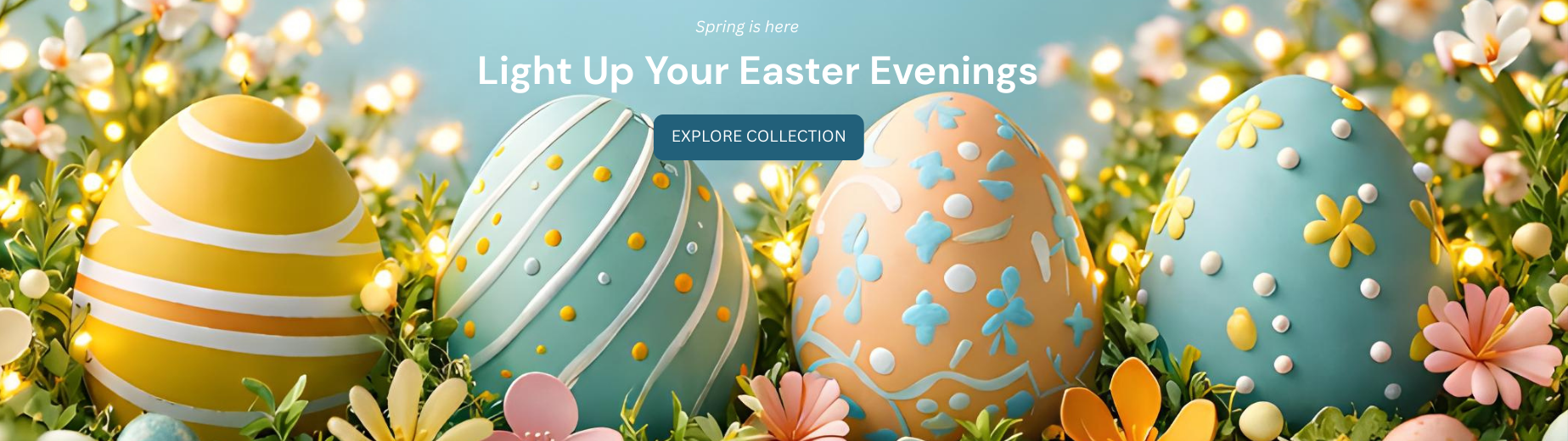 Easter eggs decorated with spring flowers and fairy lights creating a festive Easter garden display for seasonal home and outdoor lighting inspiration.